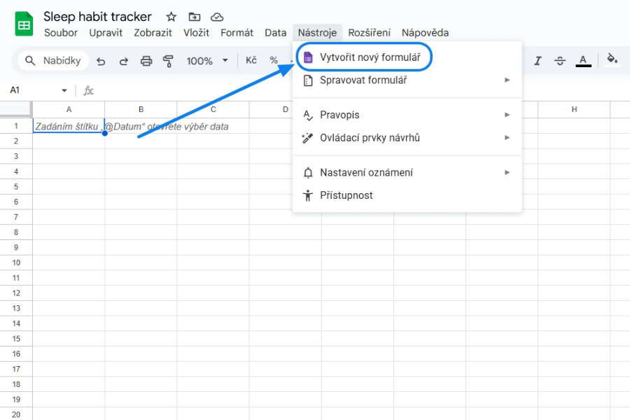 Vytvoření nového formuláře přes Google Forms