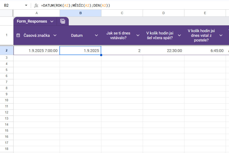 Google Sheets tabulka s daty z Google Forms